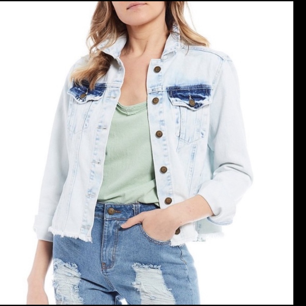 CHELSEA & VIOLET Womens Blue Faded Jean Jacket Tie Dye Raw Edges Size Medium